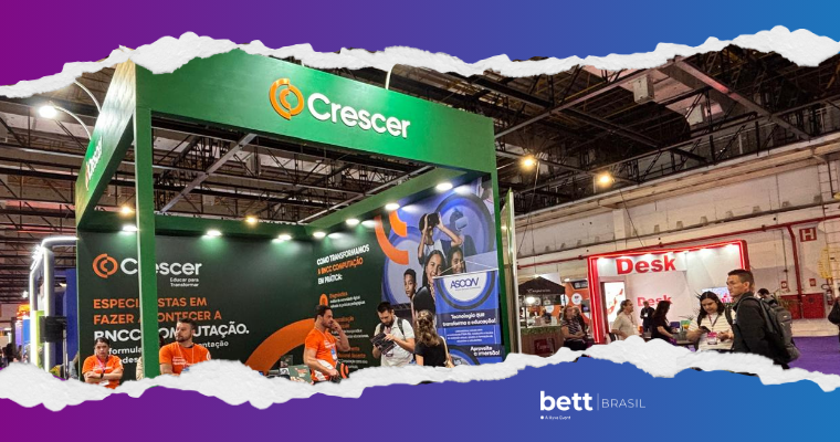 Estande da Crescer na Bett Brasil 2026 com soluções de computação e tecnologia alinhadas à BNCC