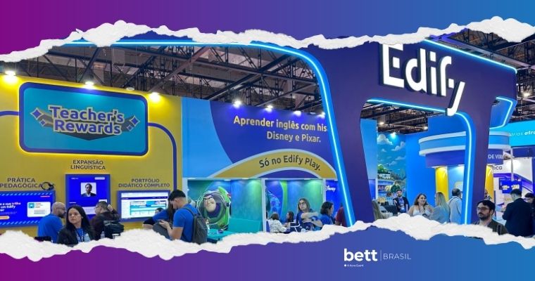 Estande do Edify na Bett Brasil 2026 com soluções para ensino de inglês nas escolas e uso de tecnologia educacional