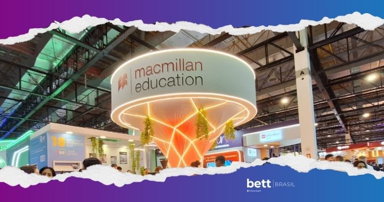 Estande da Macmillan Education na Bett Brasil 2026 com soluções educacionais e inovação em aprendizagem