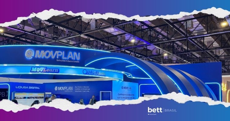 Estande da MOVPLAN na Bett Brasil 2026 com soluções de tecnologia educacional para salas de aula